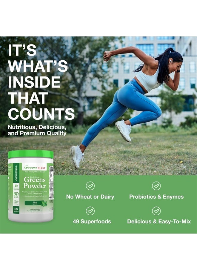 Greens First - Mint - 60 Servings - Greens Powder Superfood, 49 Organic Fruit & Vegetable Superfoods, Antioxidant Juice Smoothie Mix Supplement, Dairy Free, Vegan & Non-GMO - 19.72 oz - Image 1