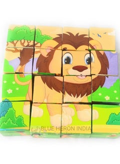 Generic Blue Heron India 6-in-1 Wooden Block Puzzle for Kids, 9 Piece Colorful Wooden Block Picture Puzzle, Available in Different Theme (Animals 4x4)  - Image 1