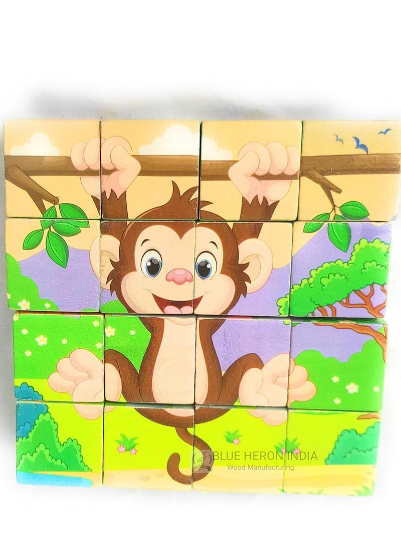 Generic - Blue Heron India 6-in-1 Wooden Block Puzzle for Kids, 9 Piece Colorful Wooden Block Picture Puzzle, Available in Different Theme (Animals 4x4) - Image 1