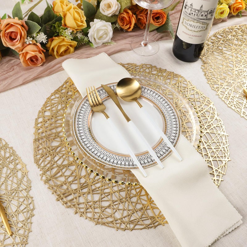 Evevda Gold Round Placemats for Dining Table Set of 6 Metallic Pressed Vinyl Circle Table Mats Wipeable Hollowout Place Mats for Table Decor Holiday Wedding Accent Centerpiece(Line  Gold) - Image 2