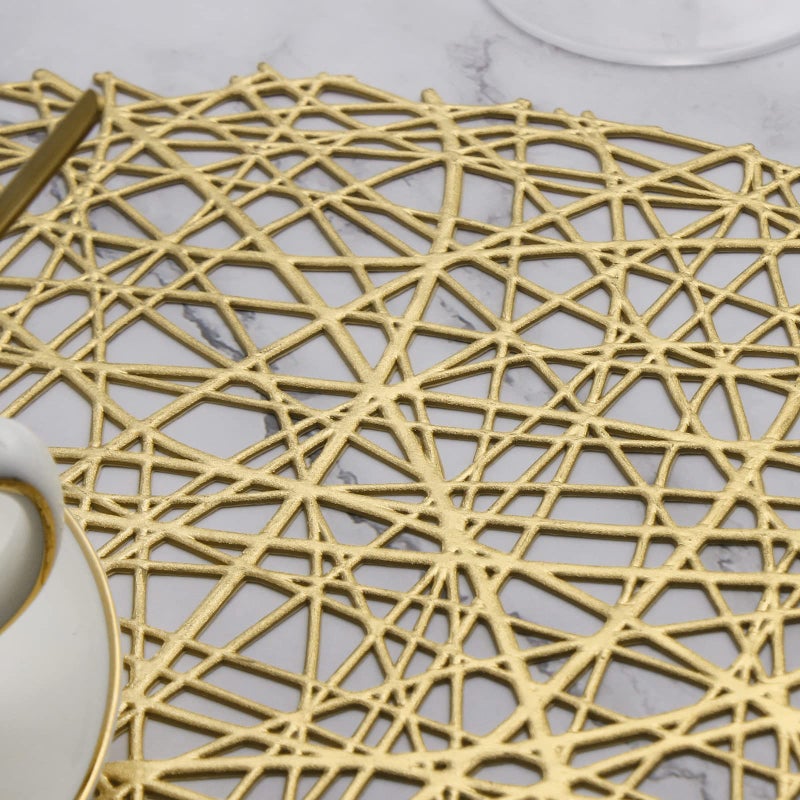 Evevda Gold Round Placemats for Dining Table Set of 6 Metallic Pressed Vinyl Circle Table Mats Wipeable Hollowout Place Mats for Table Decor Holiday Wedding Accent Centerpiece(Line  Gold) - Image 4