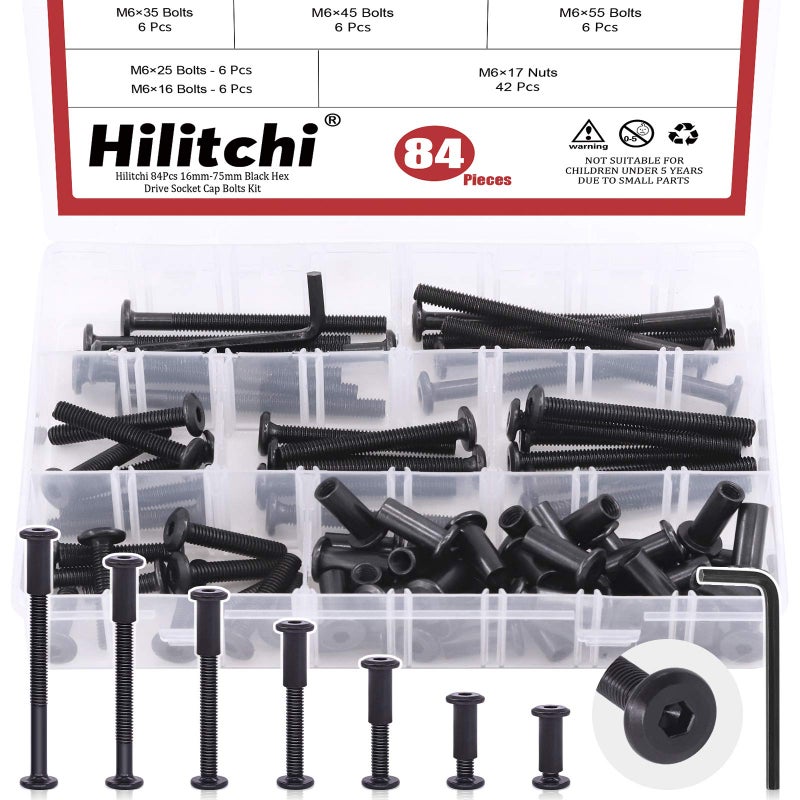 Hilitchi 84Pcs M6 Hex Drive Socket Cap Bolts Kit Countersunk Head Screws Bolts Dowel Barrel Nuts Crib Bolts Nuts Assortment Kit for Furniture Hardware Fitting 16253545556575mm