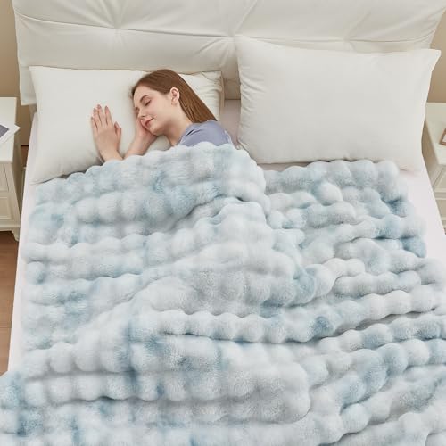 Anysay Faux Fur Throw Blanket, 1000GSM Fluffy Soft Bubble Blanket for Couch Bed, Cozy Plush Warm and Thick Blanket, Fuzzy Rabbit Throw for Living Room Bedroom 50''*60'' Tie-dye Blue - Image 3
