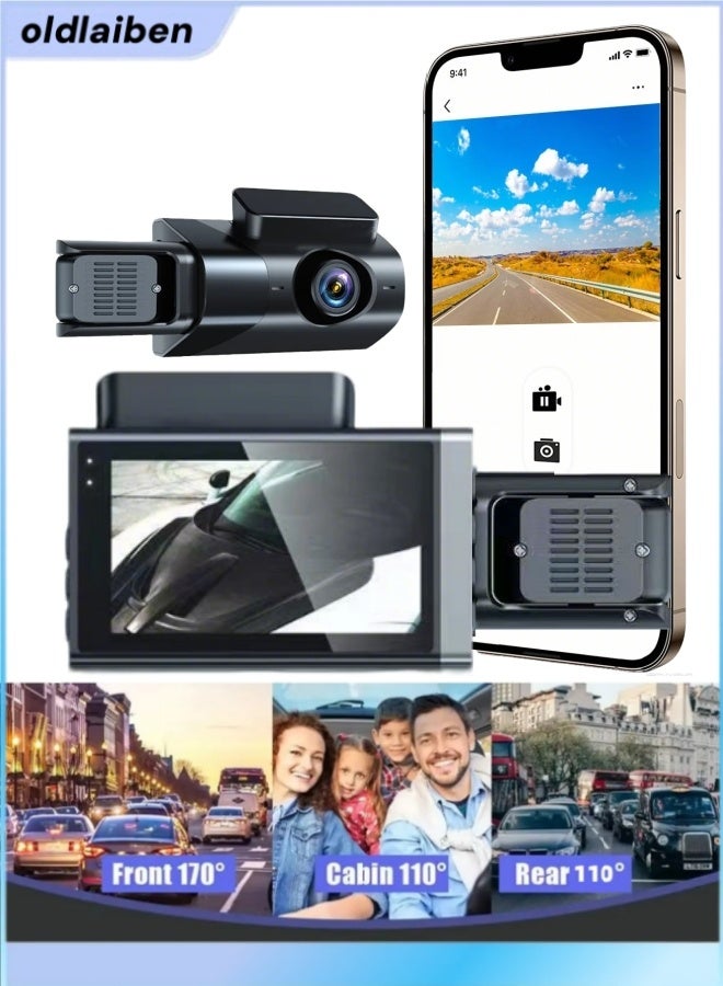 الدليبن مسجل فيديو رقمي للسيارات بثلاث كاميرات، مسجل ركن السيارة بزاوية 360 درجة، مع مسجل فيديو أمامي وخلفي بدقة 4K بدقة 1296 بكسل، كاميرا لوحة القيادة بنظام تحديد المواقع العالمي (GPS) للسيارات، ثلاث عدسات، وضع ركن السيارة على مدار 24 ساعة، ملحقات مراقبة السيارة، بطاقة ذاكرة 32 جيجابايت متضمنة - Image 1