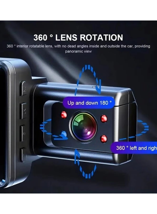 الدليبن مسجل فيديو رقمي للسيارات بثلاث كاميرات، مسجل ركن السيارة بزاوية 360 درجة، مع مسجل فيديو أمامي وخلفي بدقة 4K بدقة 1296 بكسل، كاميرا لوحة القيادة بنظام تحديد المواقع العالمي (GPS) للسيارات، ثلاث عدسات، وضع ركن السيارة على مدار 24 ساعة، ملحقات مراقبة السيارة، بطاقة ذاكرة 32 جيجابايت متضمنة - Image 3