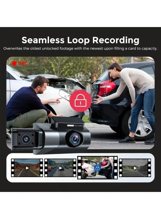 الدليبن مسجل فيديو رقمي للسيارات بثلاث كاميرات، مسجل ركن السيارة بزاوية 360 درجة، مع مسجل فيديو أمامي وخلفي بدقة 4K بدقة 1296 بكسل، كاميرا لوحة القيادة بنظام تحديد المواقع العالمي (GPS) للسيارات، ثلاث عدسات، وضع ركن السيارة على مدار 24 ساعة، ملحقات مراقبة السيارة، بطاقة ذاكرة 32 جيجابايت متضمنة - Image 5