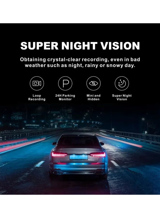 الدليبن مسجل فيديو رقمي للسيارات بثلاث كاميرات، مسجل ركن السيارة بزاوية 360 درجة، مع مسجل فيديو أمامي وخلفي بدقة 4K بدقة 1296 بكسل، كاميرا لوحة القيادة بنظام تحديد المواقع العالمي (GPS) للسيارات، ثلاث عدسات، وضع ركن السيارة على مدار 24 ساعة، ملحقات مراقبة السيارة، بطاقة ذاكرة 32 جيجابايت متضمنة - Image 4