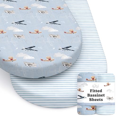 Sorrel + Fern Baby Bassinet Sheets for Boy, Girl (Airplanes & Clouds) 2-Pack - Fitted Bedside Bassinet Sheets - Buttery Soft Cotton Blend for Standard Mattress Pad - Image 1