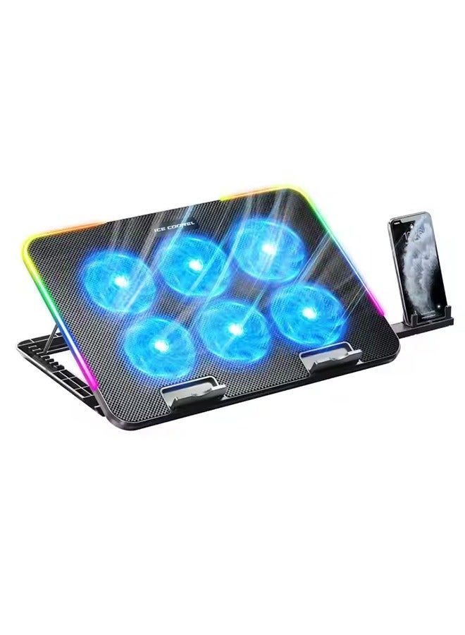 آيس كوريل قاعدة تبريد للكمبيوتر المحمول مزودة بـ 6 مراوح تبريد، وحامل تبريد للكمبيوتر المحمول قابل لتعديل الارتفاع بخمسة مستويات، وقاعدة تبريد للكمبيوتر المحمول مزودة بحامل للهاتف. - Image 1