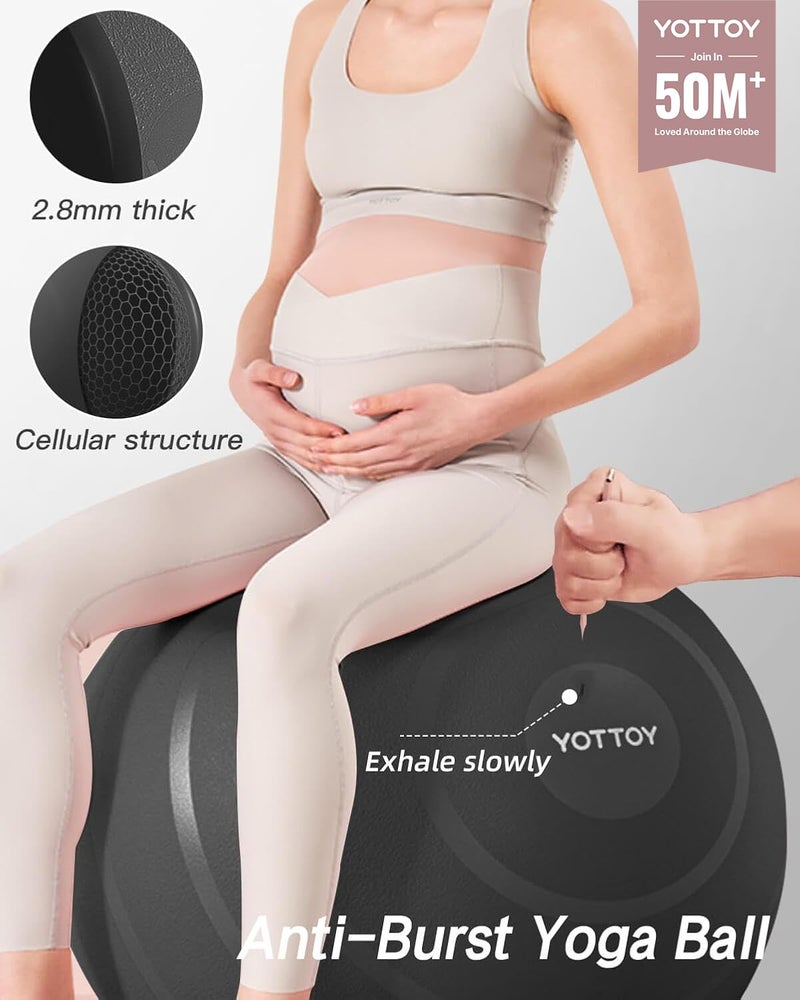 YOTTOY Anti-Burst Exercise Ball for Working Out, Yoga Ball for Pregnancy,Extra Thick Workout Ball for Physical Therapy,Fitness with Pump (Black) - Image 2