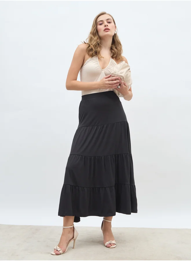 ستايلي Styli Solid Knitted Tiered Maxi Skirt with Elasticated Waistband