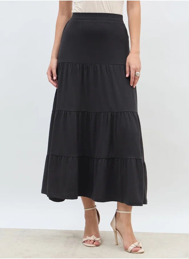 ستايلي Styli Solid Knitted Tiered Maxi Skirt with Elasticated Waistband