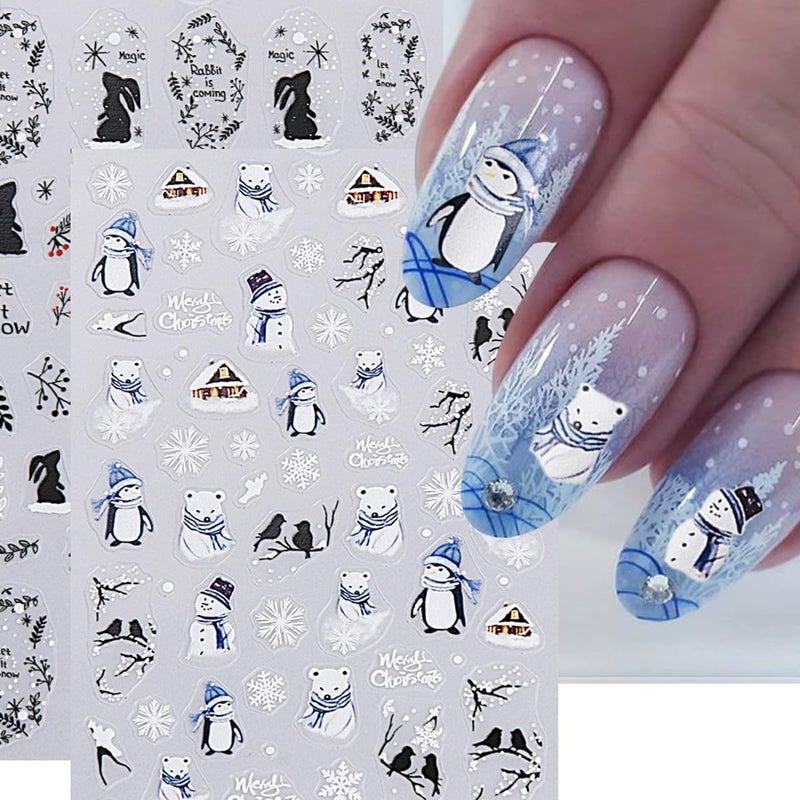 FBABFBUO Christmas Nail Art Stickers Decals Winter Snowflake Cute Penguin Nail Decals 4PCS Deer Tree Snowman Rabbit Xmas Nails Design Christmas Nail Stickers Nail Art Supplies for New Year Manicure Decorations