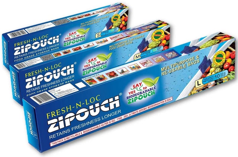 ZIPOUCH Premium Press-N-Loc Reusable Ziplock Bags for Food Storage & Travel | Small Medium & Large Size Airtight Zip Lock Bags for Fridge & Kitchen | Multipurpose Ziplock Covers | Pack of 3 (10 Each) - Image 1