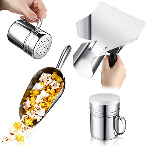 Saffica 4 Pieces 12 oz Aluminium Popcorn Scoop Stainless Steel Metal French Fry Scoop Salt Shaker Dredge Round Bottom Utility Scoop with Finger Groove Handle for Snacks Desserts Ice Corn Small Popcorn Machine - Image 1