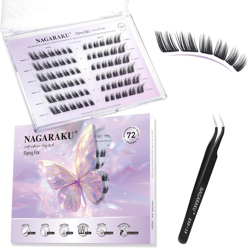 NAGARAKU Pre Glued Cluster Lashes Air Series Eyelashes Flying Fox Style 72 Pcs No Glue Needed Prebond Eyelashes Self Adhesive DIY Lashes007mm C Curl Mix Length