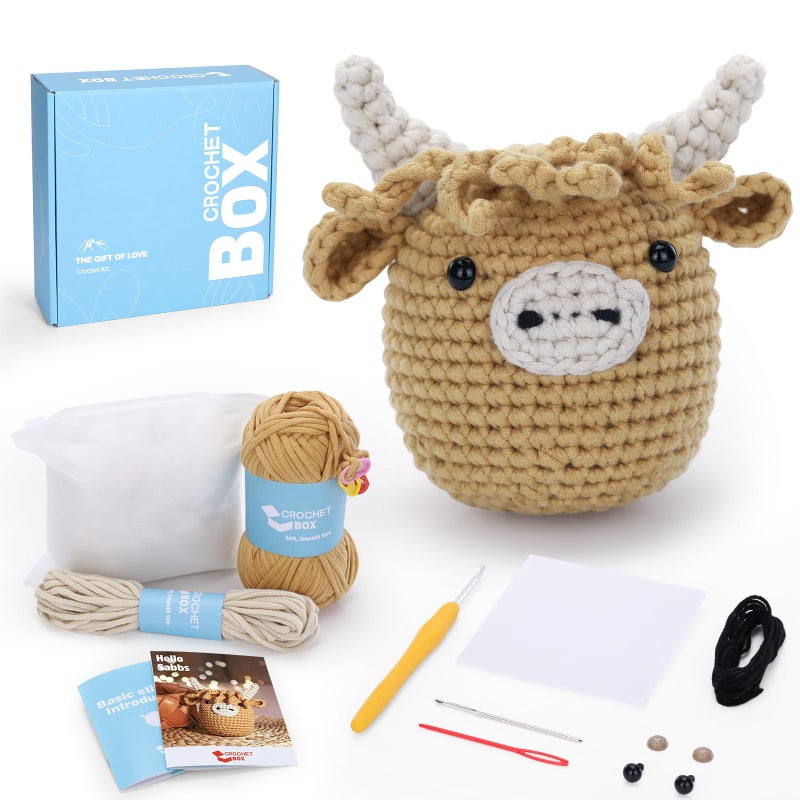 CrochetBox Crochet Kit for Beginners: Highland Cow Crochet Kit, Learn to Crochet, Include Easy Knitting Soft Yarn, Step-by-Step Video Tutorial, Hook, Holiday Birthday Gift for Adults and Teen(30%+ Yarn) - Image 1