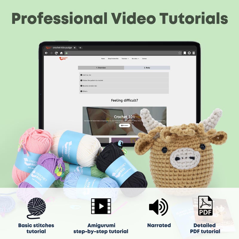 CrochetBox Crochet Kit for Beginners: Highland Cow Crochet Kit, Learn to Crochet, Include Easy Knitting Soft Yarn, Step-by-Step Video Tutorial, Hook, Holiday Birthday Gift for Adults and Teen(30%+ Yarn) - Image 4