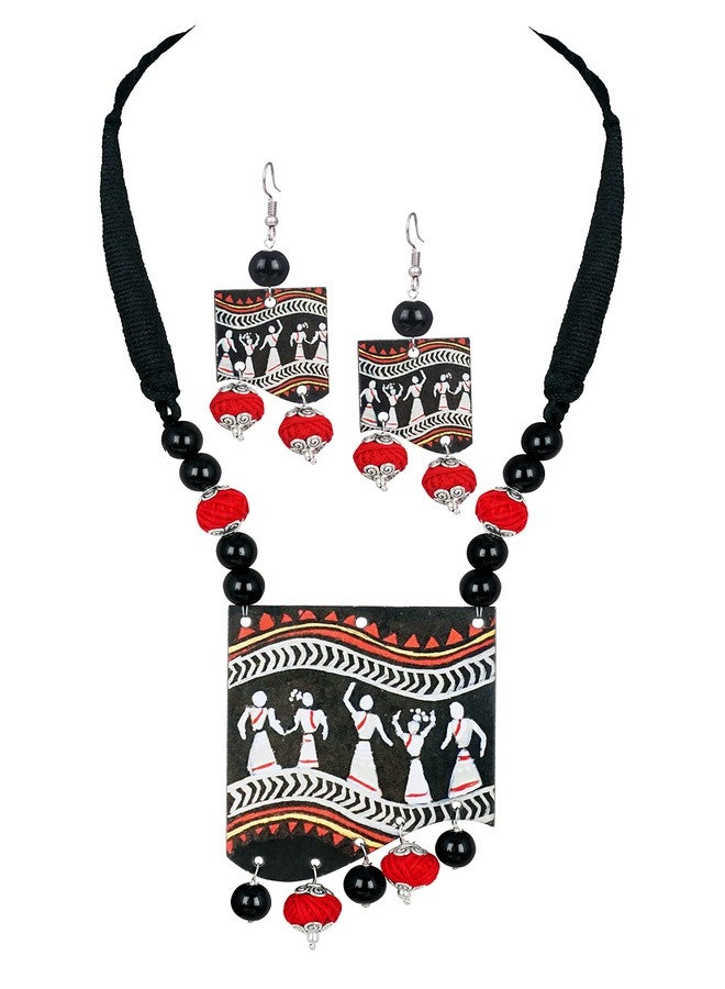 JFL - Jewellery for Less Oxidised Sliver Plated Warli Art Pendant Beaded Cotton Thread Balls Handcrafted Necklace Set for Women and Girls.(Black),Valentine - Image 1
