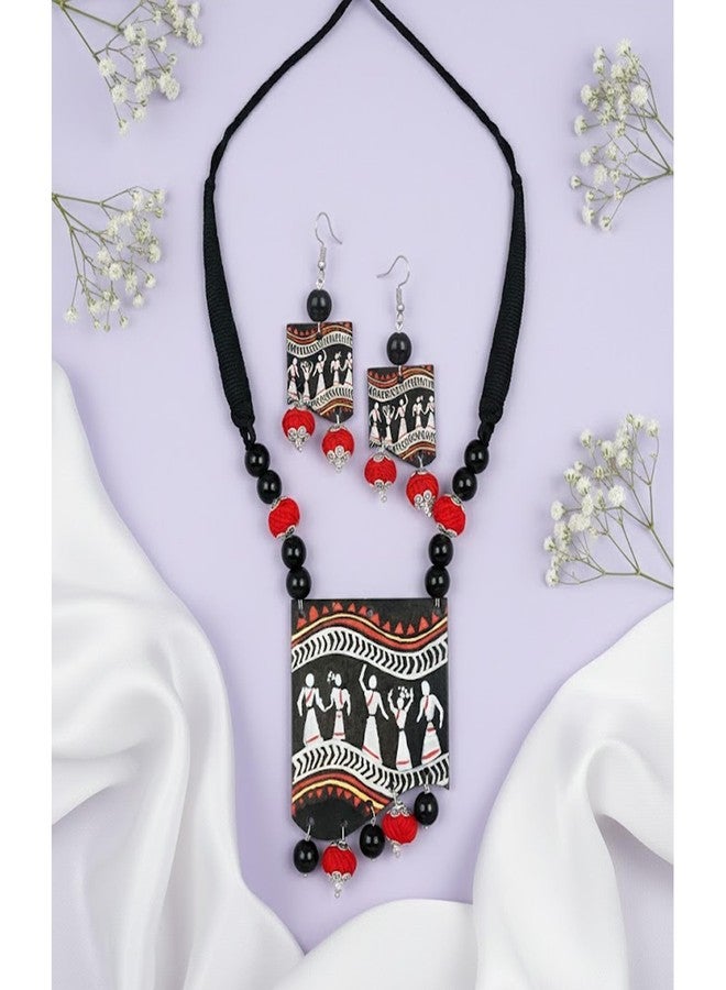 JFL - Jewellery for Less Oxidised Sliver Plated Warli Art Pendant Beaded Cotton Thread Balls Handcrafted Necklace Set for Women and Girls.(Black),Valentine - Image 2