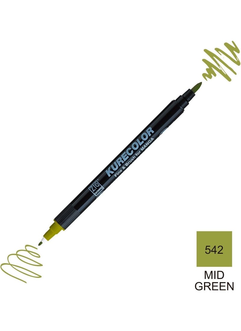 Zig Kurecolor Mangaka Fine&brush Double Sided Pen CNKC-2200 No 542 Mid Green  - Image 1