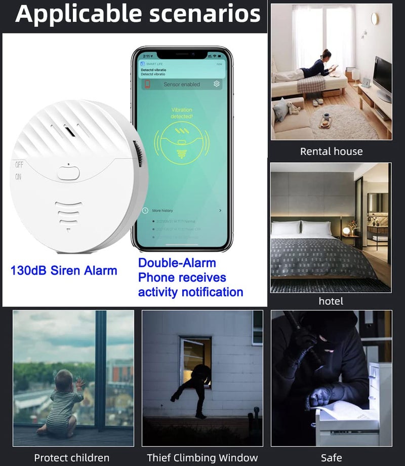 EverNary WiFi Window Alarm System, 2 Pack Glass Break Detection with Phone APP, 120dB Smart Alarms with Adjustable Vibration Sensor for Car,Home Security (2PCS) - Image 4