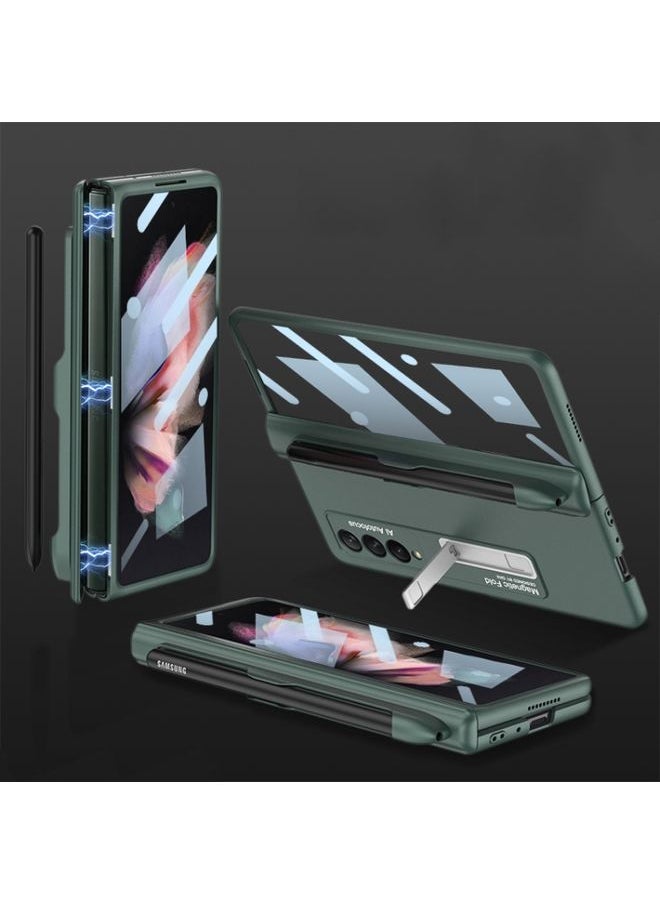 Generic Case Cover For Samsung Galaxy Z Fold 3 5G Integrated Magnetic Full Coverage Phone Flip Case with Pen Slot Dark Night Green 