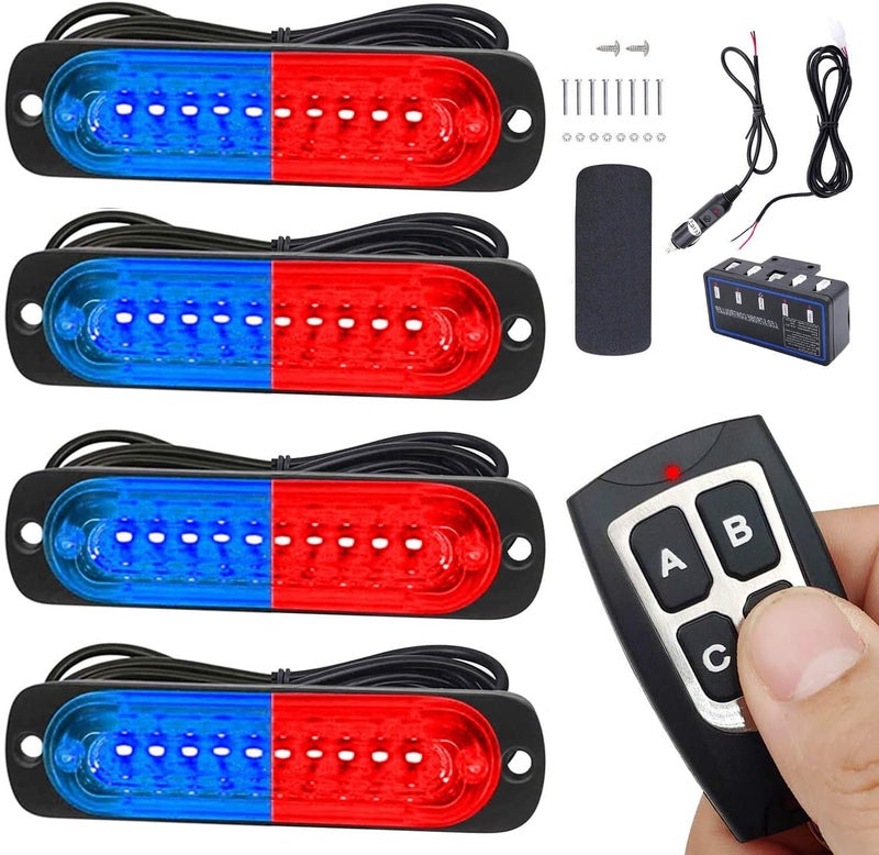 EASE2U E Led Warning Lights, 4pcs Emergency Warning Caution Hazard Construction Ultra Slim Sync Feature Car Truck with Main Control Box Surface Mount (Red Blue) - Image 1