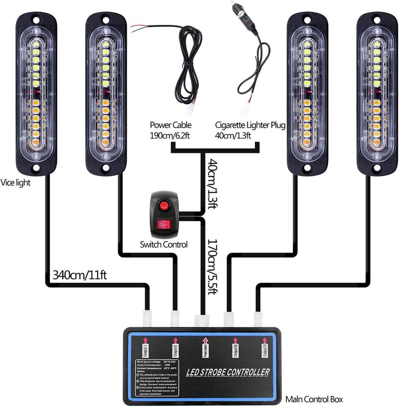 EASE2U E Led Warning Lights, 4pcs Emergency Warning Caution Hazard Construction Ultra Slim Sync Feature Car Truck with Main Control Box Surface Mount (Red Blue) - Image 2