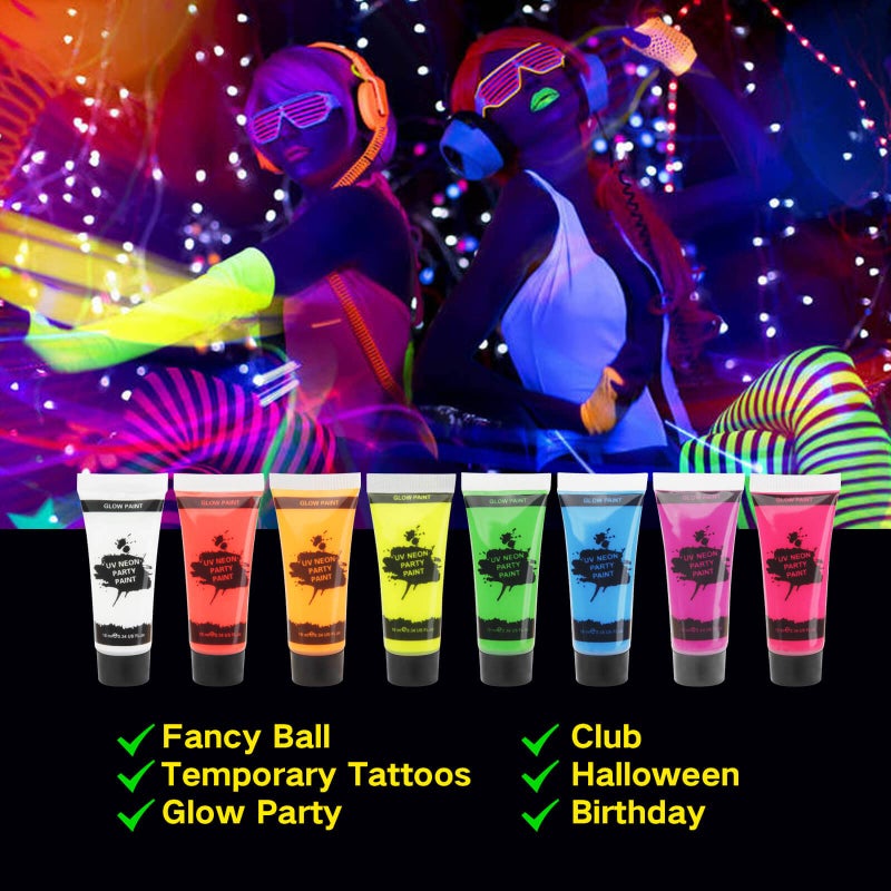 MEICOLY UV Blacklight Neon Face Body Paint, MEICOLY 8 Tubes Blacklight Reactive Paints,Water Based, Washable, Non-Toxic Neon Party Supplies for Halloween,02 - Image 5