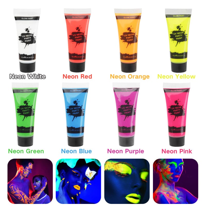 MEICOLY UV Blacklight Neon Face Body Paint, MEICOLY 8 Tubes Blacklight Reactive Paints,Water Based, Washable, Non-Toxic Neon Party Supplies for Halloween,02 - Image 2