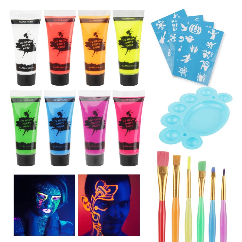 MEICOLY UV Blacklight Neon Face Body Paint, MEICOLY 8 Tubes Blacklight Reactive Paints,Water Based, Washable, Non-Toxic Neon Party Supplies for Halloween,02 - Image 1