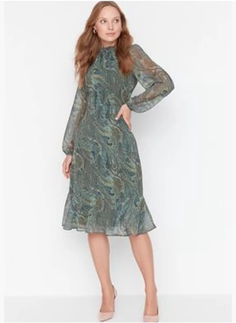 trendyol Green Shawl Patterned Ruffle Dress TWOAW23EL01436