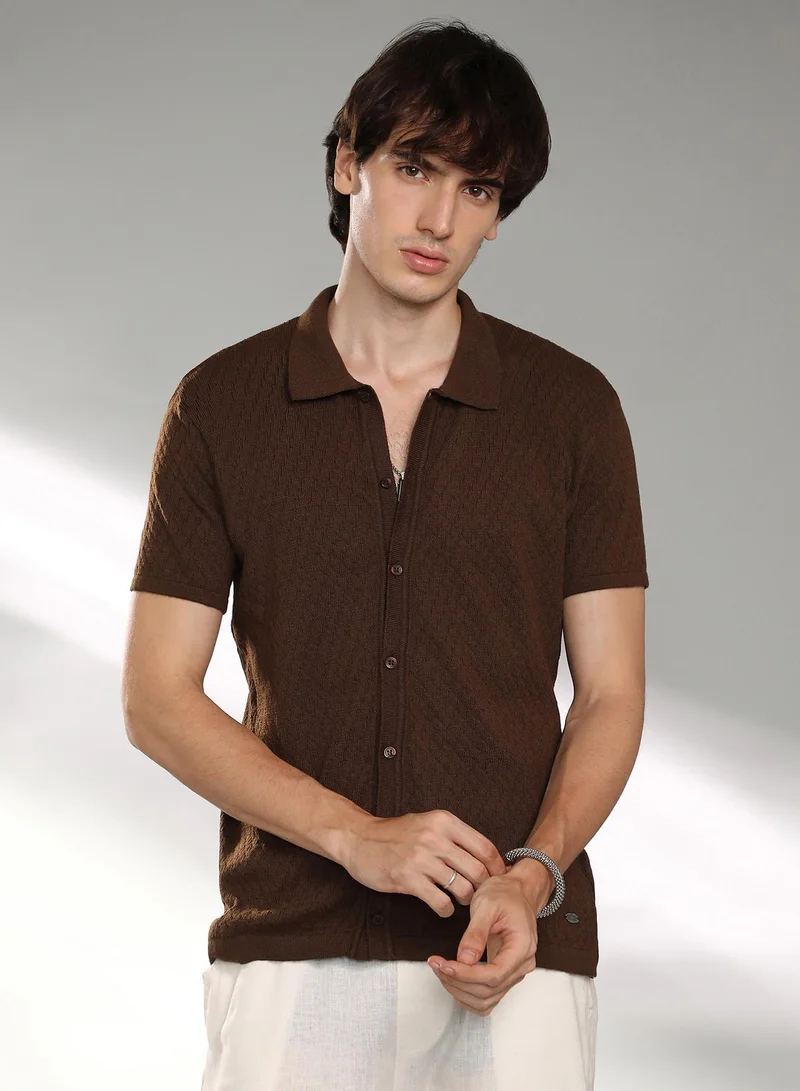 Men's Taupe Brown Rhombus-Textured Knit Shirt