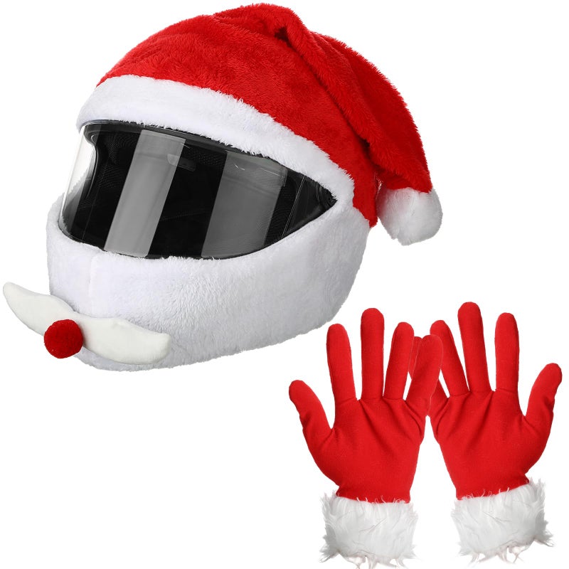 Cutecrop 2 Pcs Christmas Santa Motorcycle Helmet Cover and Santa Claus Red Gloves Set Nativity Helmet Cover Xmas Hat Decoration Accessories for Men