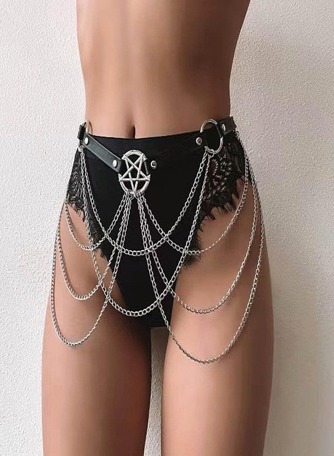 NOFIBAF Punk Leather Body Chain Black Five-Pointed Star Waist Chain Layered Nightclub Ring Belt Belly Chain Rave Party Body Jewelry Accessories for Women - Image 4