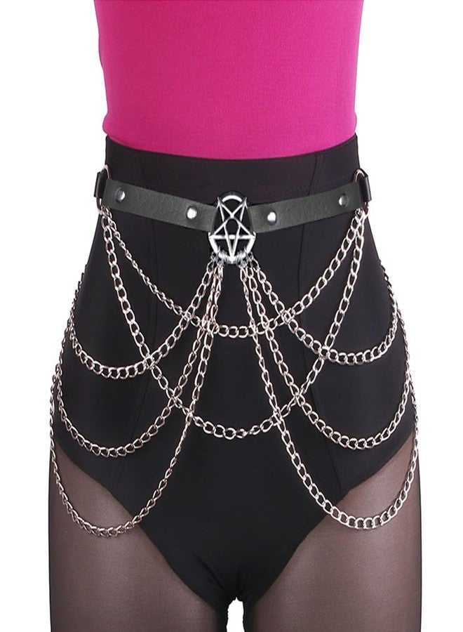 NOFIBAF Punk Leather Body Chain Black Five-Pointed Star Waist Chain Layered Nightclub Ring Belt Belly Chain Rave Party Body Jewelry Accessories for Women - Image 1