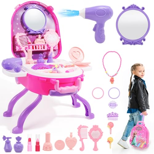 Plintone 4in1 Girls Vanity Set 40 PCS Princess Pretend Makeup Vanity Kid Vanity with Fashion Accessories Role Play Makeup Toy for Girls Age 3 4 5 Birthday - Image 1