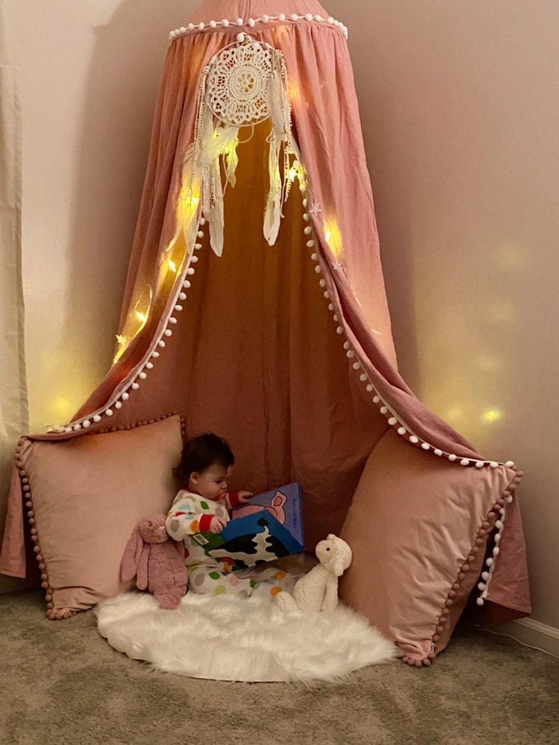 LOAOL Bed Canopy with Pom Pom for Kids Crib Baby Girl Netting Cover Canopy Crib Curtain Reading Nook Hanging Tent Nursery Play Game Castle Room Decoration (Pink) - Image 3