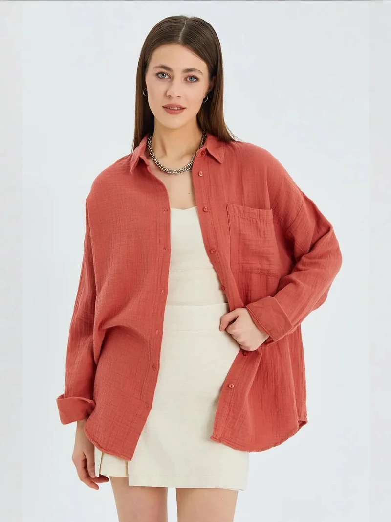MixRay Brick Red Mixray Oversized Muslin Basic Shirt for Women | Best Price UAE