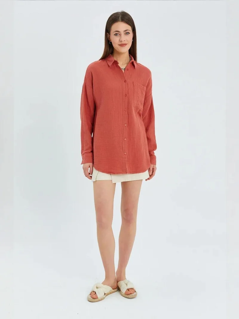 MixRay Brick Red Mixray Oversized Muslin Basic Shirt for Women | Best Price UAE