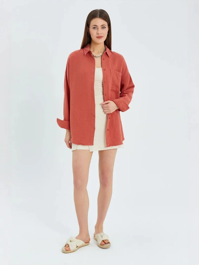 MixRay Brick Red Mixray Oversized Muslin Basic Shirt for Women | Best Price UAE