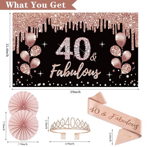 Uiorgui 40th Birthday Decorations for Women, 33pcs Black Rose Gold Happy 40th Birthday Banner Crown and Sash Balloons Backdrop Hanging Swirls Paper Fans, 40 Years Old Party Supplies Kit - Image 3