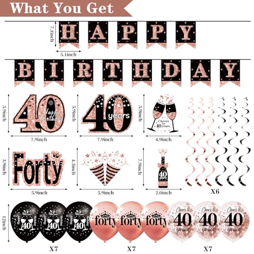 Uiorgui 40th Birthday Decorations for Women, 33pcs Black Rose Gold Happy 40th Birthday Banner Crown and Sash Balloons Backdrop Hanging Swirls Paper Fans, 40 Years Old Party Supplies Kit - Image 2