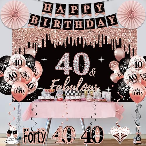 Uiorgui 40th Birthday Decorations for Women, 33pcs Black Rose Gold Happy 40th Birthday Banner Crown and Sash Balloons Backdrop Hanging Swirls Paper Fans, 40 Years Old Party Supplies Kit - Image 5