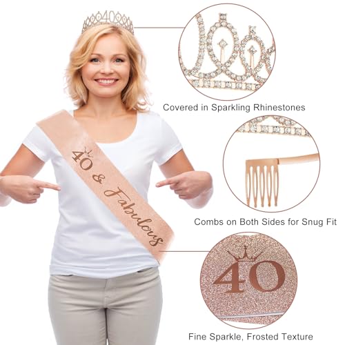 Uiorgui 40th Birthday Decorations for Women, 33pcs Black Rose Gold Happy 40th Birthday Banner Crown and Sash Balloons Backdrop Hanging Swirls Paper Fans, 40 Years Old Party Supplies Kit - Image 4