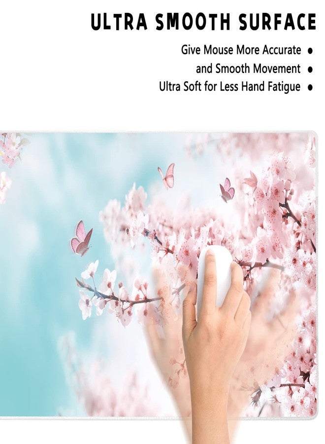 KOAIWPAE Extended Large Gaming Mouse Pad Dreamy Romantic Pink Sakura Butterflies XXL Size Keyboard Mouse Mat Desk Pad with Non Slip Rubber Base Stitched Edges Office Decor for Women Girls Men,35.4 x 15.7inch - Image 2