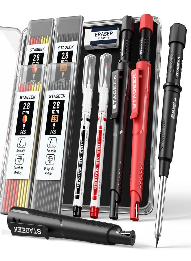 STAGEEK 2 Pack Carpenter Pencils with Sharpener, Mechanical Carpenter Pencils with 38 Refills, Construction Pencil Heavy Duty Woodworking Tools, Deep Hole Long Nib Marker Pens for Architect Marking - Image 1