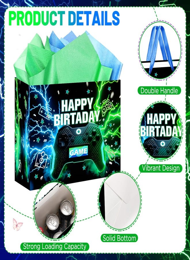 LUUFILx Video Game Birthday Gift Bag for Boys Men Game Theme Wrapping Paper with Tissue Paper Greeting Card Gaming Party Decorations Blue Green Gamer Gift Bags with Ribbon Handle for Baby Shower Supplies - Image 5