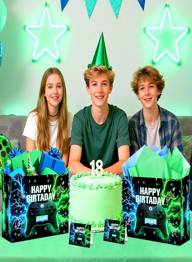 LUUFILx Video Game Birthday Gift Bag for Boys Men Game Theme Wrapping Paper with Tissue Paper Greeting Card Gaming Party Decorations Blue Green Gamer Gift Bags with Ribbon Handle for Baby Shower Supplies - Image 3